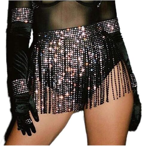 Barode Belly Dance Hip Skirt Sparkly Rhinestones Tassel Scarf Crystals Costume Hip Scarf Belt Tribal Fringe Performance Outfits Skirt Festival for Women and Girls Black in Kuwait