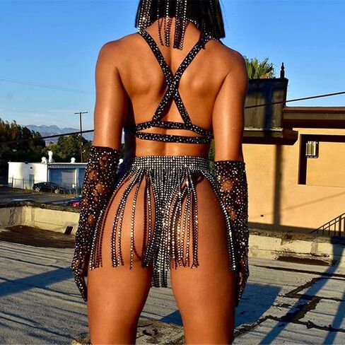 Barode Belly Dance Hip Skirt Sparkly Rhinestones Tassel Scarf Crystals Costume Hip Scarf Belt Tribal Fringe Performance Outfits Skirt Festival for Women and Girls Black in Kuwait