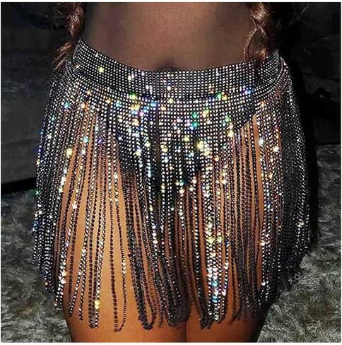 Barode Belly Dance Hip Skirt Sparkly Rhinestones Tassel Scarf Crystals Costume Hip Scarf Belt Tribal Fringe Performance Outfits Skirt Festival for Women and Girls Black in Kuwait