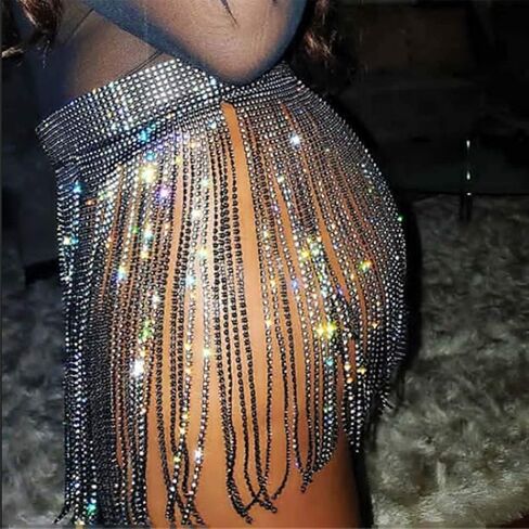Barode Belly Dance Hip Skirt Sparkly Rhinestones Tassel Scarf Crystals Costume Hip Scarf Belt Tribal Fringe Performance Outfits Skirt Festival for Women and Girls Black in Kuwait