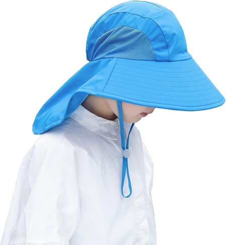 قبعة شمسية للأطفال مع غطاء للرقبة - للجنسين قابل للتعديل بحافة عريضة للصيف بعامل حماية من أشعة الشمس 50+ دلو شبكي للحماية من الشمس للأعمار من 4 إلى 12 عامًا in Kuwait