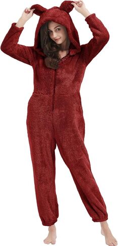 PEHMEA Women's Onesie Pajamas Sherpa Plush Hooded Romper Cozy Winter Sleepwear Holiday Party One Piece PJs for Adults, Teens in Saudi Arabia