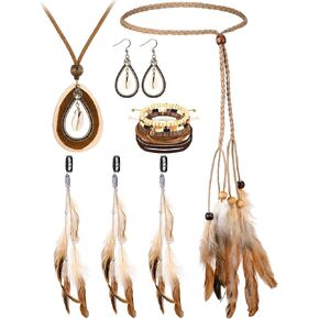 Geyoga 7 Pcs Feather Hair Clip Feather Headband Hairband Set with Comb Clip Pendant Necklaces Boho Bohemian Gypsy Drop Dangle Earrings Bead Tribal Bracelet