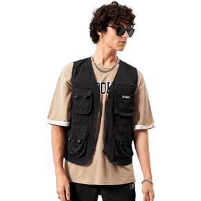 Verdusa Men's Sleeveless Letter Patched Buckle Zipper Flap Pocket Steampunk Cargo Vest Jacket