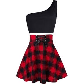 SFBBCLOZ 2 قطعة زي فتاة المدرسة للنساء الهذيان الزي سترة بكتف واحد تنانير منقوشة للنساء in Kuwait