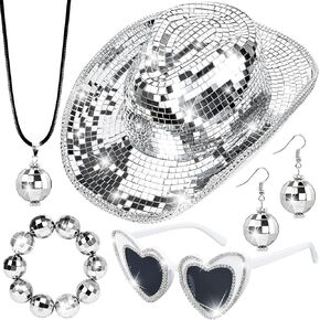 Silver Disco Ball Cowboy Hat Women Sequin Western Cowgirl Cap Set Include Disco Ball Flash Earrings Sparkly Mirrored Bracelet Necklace and Full Rhinestone Sunglasses for 1970s Disco Bachelor Party, in Kuwait