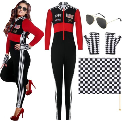 Mepase 4 Pcs Halloween Sexy Racer Costume with Checkered Flag Sunglasses and Glove Long Sleeve Queen Costume Jumper for Women in Saudi Arabia