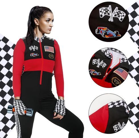 Mepase 4 Pcs Halloween Sexy Racer Costume with Checkered Flag Sunglasses and Glove Long Sleeve Queen Costume Jumper for Women in Saudi Arabia