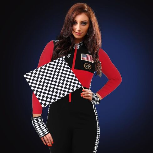 Mepase 4 Pcs Halloween Sexy Racer Costume with Checkered Flag Sunglasses and Glove Long Sleeve Queen Costume Jumper for Women in Saudi Arabia