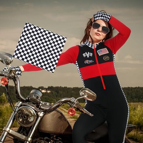 Mepase 4 Pcs Halloween Sexy Racer Costume with Checkered Flag Sunglasses and Glove Long Sleeve Queen Costume Jumper for Women in Saudi Arabia