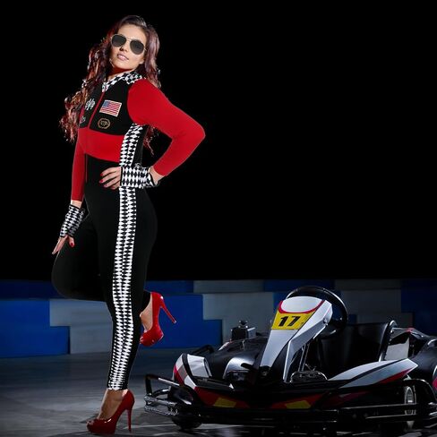 Mepase 4 Pcs Halloween Sexy Racer Costume with Checkered Flag Sunglasses and Glove Long Sleeve Queen Costume Jumper for Women in Saudi Arabia