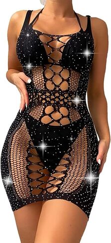 Women's Sexy Dress Fishnet Dress Rhinestone Bodysuit Sparkle Rhineston Stripper Outfits Black in Saudi Arabia