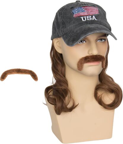 Men Mullet Hat Wig with Mustache 4th July Party Funny Wig Baseball Cap with Hair Attached (Beige) in Saudi Arabia
