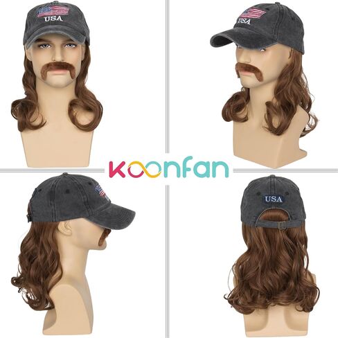 Men Mullet Hat Wig with Mustache 4th July Party Funny Wig Baseball Cap with Hair Attached (Beige) in Saudi Arabia