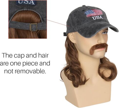 Men Mullet Hat Wig with Mustache 4th July Party Funny Wig Baseball Cap with Hair Attached (Beige) in Saudi Arabia