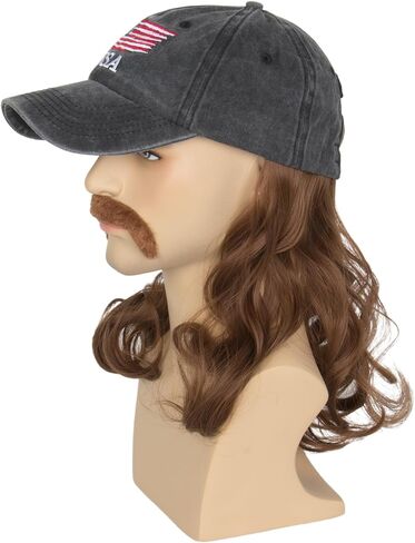 Men Mullet Hat Wig with Mustache 4th July Party Funny Wig Baseball Cap with Hair Attached (Beige) in Saudi Arabia