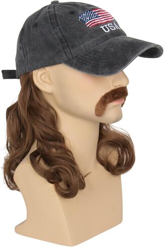 Men Mullet Hat Wig with Mustache 4th July Party Funny Wig Baseball Cap with Hair Attached (Beige) in Saudi Arabia