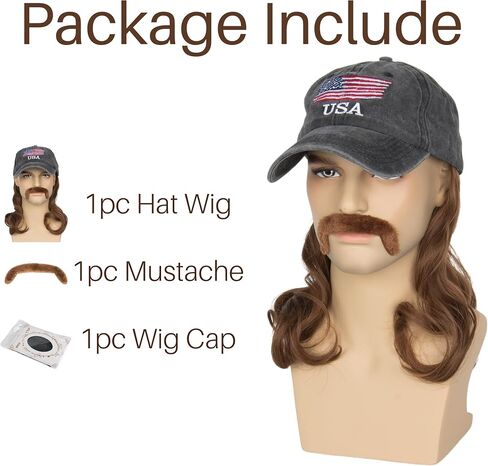 Men Mullet Hat Wig with Mustache 4th July Party Funny Wig Baseball Cap with Hair Attached (Beige) in Saudi Arabia