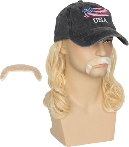 Men Mullet Hat Wig with Mustache 4th July Party Funny Wig Baseball Cap with Hair Attached (Beige) in Saudi Arabia