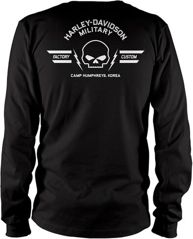 Harley-Davidson Military - Men's Black Long-Sleeve Graphic T-Shirt with Thumbholes - Camp Humphreys | Dark Factory in Saudi Arabia