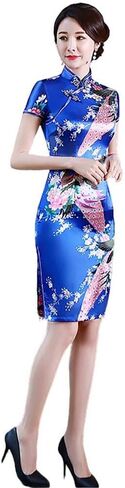 Short Cheongsam Crane Printed Mandarin Collar Side Split Above Knee Dress Chinese Traditional Costume in Saudi Arabia