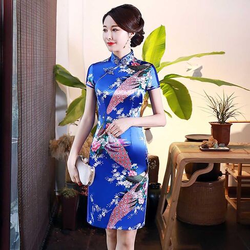 Short Cheongsam Crane Printed Mandarin Collar Side Split Above Knee Dress Chinese Traditional Costume in Saudi Arabia