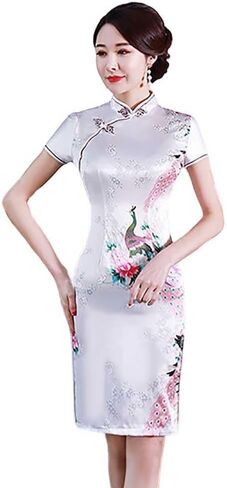 Short Cheongsam Crane Printed Mandarin Collar Side Split Above Knee Dress Chinese Traditional Costume in Saudi Arabia