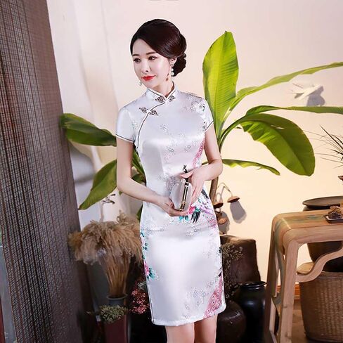 Short Cheongsam Crane Printed Mandarin Collar Side Split Above Knee Dress Chinese Traditional Costume in Saudi Arabia