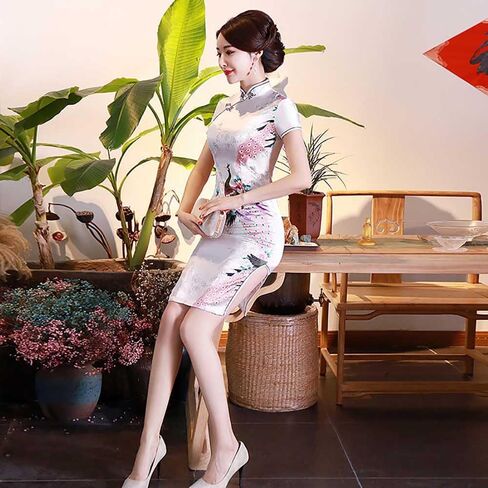 Short Cheongsam Crane Printed Mandarin Collar Side Split Above Knee Dress Chinese Traditional Costume in Saudi Arabia