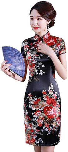 Short Cheongsam Crane Printed Mandarin Collar Side Split Above Knee Dress Chinese Traditional Costume in Saudi Arabia
