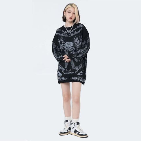 Ethbox Harajuku Retro Street Sweater Gothic Skull Eye Sweater Printed Hip Hop Oversized Pullover Sweater Long Sleeves in Saudi Arabia