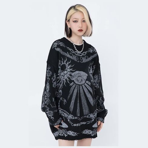 Ethbox Harajuku Retro Street Sweater Gothic Skull Eye Sweater Printed Hip Hop Oversized Pullover Sweater Long Sleeves in Saudi Arabia