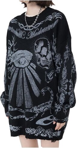 Ethbox Harajuku Retro Street Sweater Gothic Skull Eye Sweater Printed Hip Hop Oversized Pullover Sweater Long Sleeves in Saudi Arabia