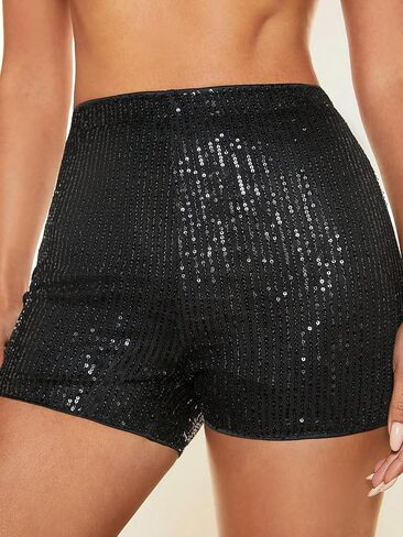 WDIRARA Women's Glitter Sequin Party Shorts Elastic Waist Straight Wide Leg Sparkly Shorts in Saudi Arabia