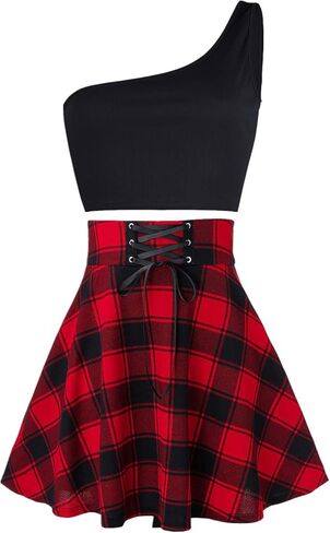 SFBBCLOZ 2 قطعة زي فتاة المدرسة للنساء الهذيان الزي سترة بكتف واحد تنانير منقوشة للنساء in Kuwait