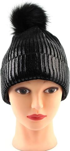 قبعة Cozylkx النسائية Skullies Beanie، قبعة شتوية دافئة بترتر لامع حياكة برونزية بوم بوم للسيدات والفتيات in Saudi Arabia