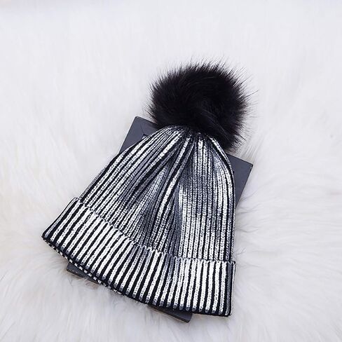 قبعة Cozylkx النسائية Skullies Beanie، قبعة شتوية دافئة بترتر لامع حياكة برونزية بوم بوم للسيدات والفتيات in Saudi Arabia