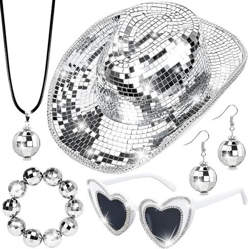 Silver Disco Ball Cowboy Hat Women Sequin Western Cowgirl Cap Set Include Disco Ball Flash Earrings Sparkly Mirrored Bracelet Necklace and Full Rhinestone Sunglasses for 1970s Disco Bachelor Party, in Kuwait