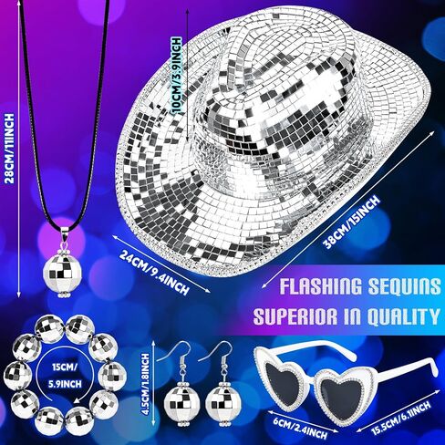 Silver Disco Ball Cowboy Hat Women Sequin Western Cowgirl Cap Set Include Disco Ball Flash Earrings Sparkly Mirrored Bracelet Necklace and Full Rhinestone Sunglasses for 1970s Disco Bachelor Party, in Kuwait