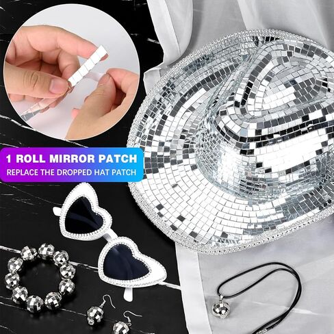 Silver Disco Ball Cowboy Hat Women Sequin Western Cowgirl Cap Set Include Disco Ball Flash Earrings Sparkly Mirrored Bracelet Necklace and Full Rhinestone Sunglasses for 1970s Disco Bachelor Party, in Kuwait