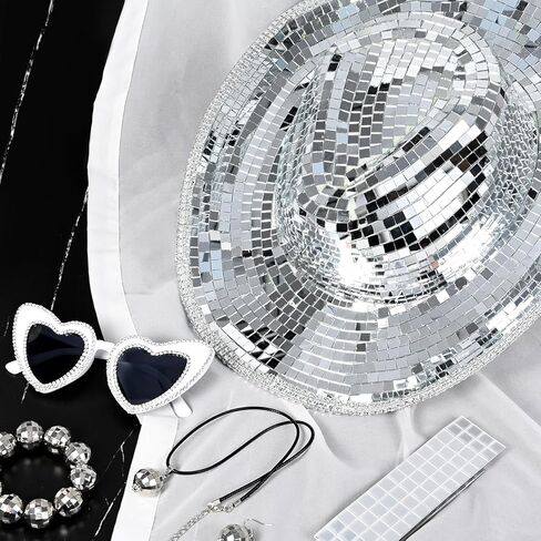 Silver Disco Ball Cowboy Hat Women Sequin Western Cowgirl Cap Set Include Disco Ball Flash Earrings Sparkly Mirrored Bracelet Necklace and Full Rhinestone Sunglasses for 1970s Disco Bachelor Party, in Kuwait