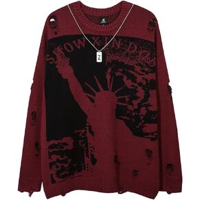 HANGJIA Mens Long Sleeve Printed Cable Knit Sweaters Casual Oversized Crewneck Sweater Pullover
