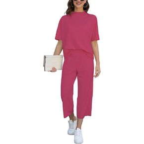 BUNSLOOM Women's Two Piece Set 3/4 BatwingSleeve Placket Crew Neck Pullover Top Wide Leg Pants Casual Set