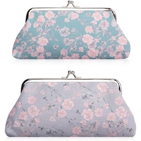 Oyachic 2 Packs Floral Coin Purse Kiss Lock Pouch Change Holder Vintage Clasp Wallet Canvas Handbags Car Holder Pouch for Women (Grey +Azure)