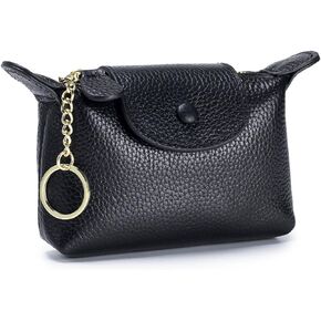 Women's Genuine Leather Mini Coin Purse, Zipper Wallet with Key Holder, Women's Soft Genuine Leather Coin Purse. (Black)