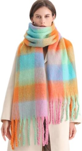 WYNAKESHU Women Scarf Winter Big Colorful Checked Thick Warm Wrap Scarves Casual Tassel Blanket Scarf Stylish Plaid Design in Kuwait