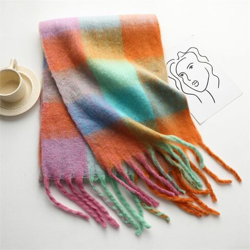 WYNAKESHU Women Scarf Winter Big Colorful Checked Thick Warm Wrap Scarves Casual Tassel Blanket Scarf Stylish Plaid Design in Kuwait