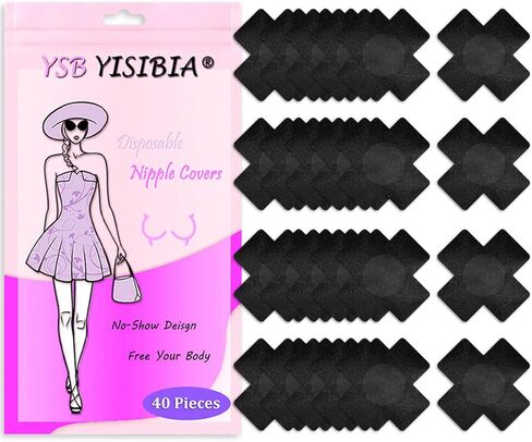 YISIBIA 40 قطعة من أغطية الحلمات للنساء للاستعمال مرة واحدة، ذاتية اللصق، ملصقات بتلات فطائر الثدي (شكل أسود على شكل X) in Kuwait