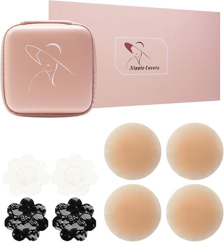 ZRUOYI Nipple Covers - 2 Pairs Reusable Silicone Nipple Covers with Travel Case, Plus 2 Pairs Disposable Lace Nipple Covers,Sticky Adhesive Breast Pasties for Women Cream in Kuwait