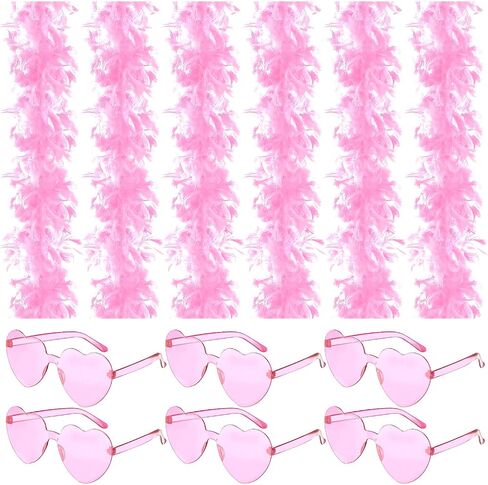 Yunsailing 12 Pcs Pink Feather Boas for Party Boas Bulk Heart Shaped Sunglasses Trendy Pink Heart Glasses 6ft Boas Feather Costume Women Girls Dress up Wedding Bachelor Birthday Party Favors in Saudi Arabia